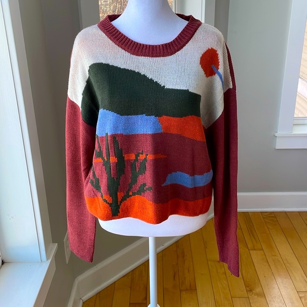 Madden NYC Red Orange Green Sunset Western Boho Cropped Crewneck Sweater Sz L